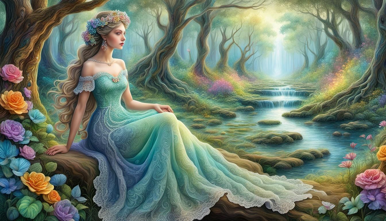 Elegant Lady in Forest: Lace Effect 3D Art