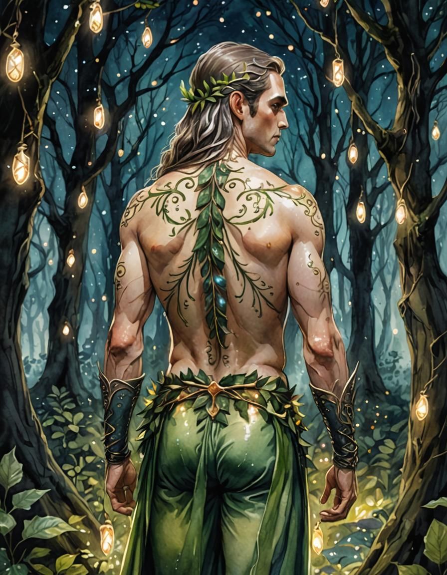 Whimsical Elf in Enchanted Forest Watercolor Illustration