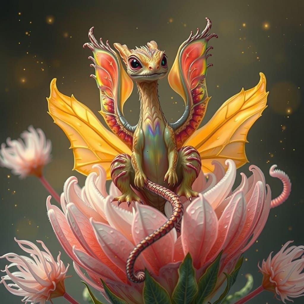 Iridescent Dragon Perched on a Plump Strawberry in a Whimsic...