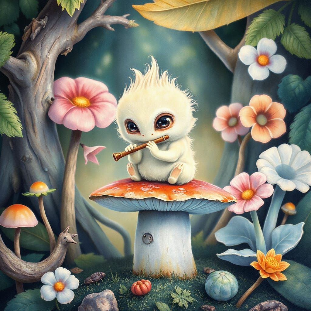 Lovecraftian Horror Plays Flute in Gouache Style