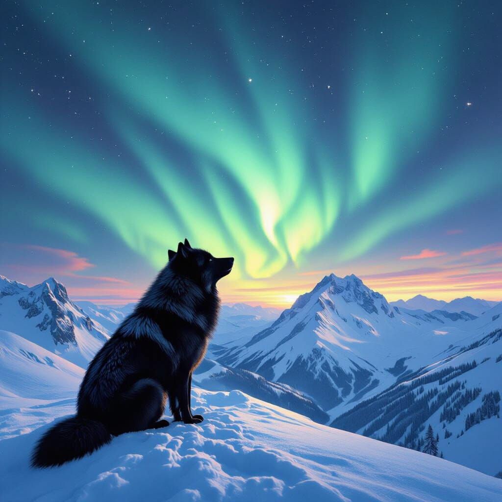 Wolf Gazing at Auroras in Bierstadt Style