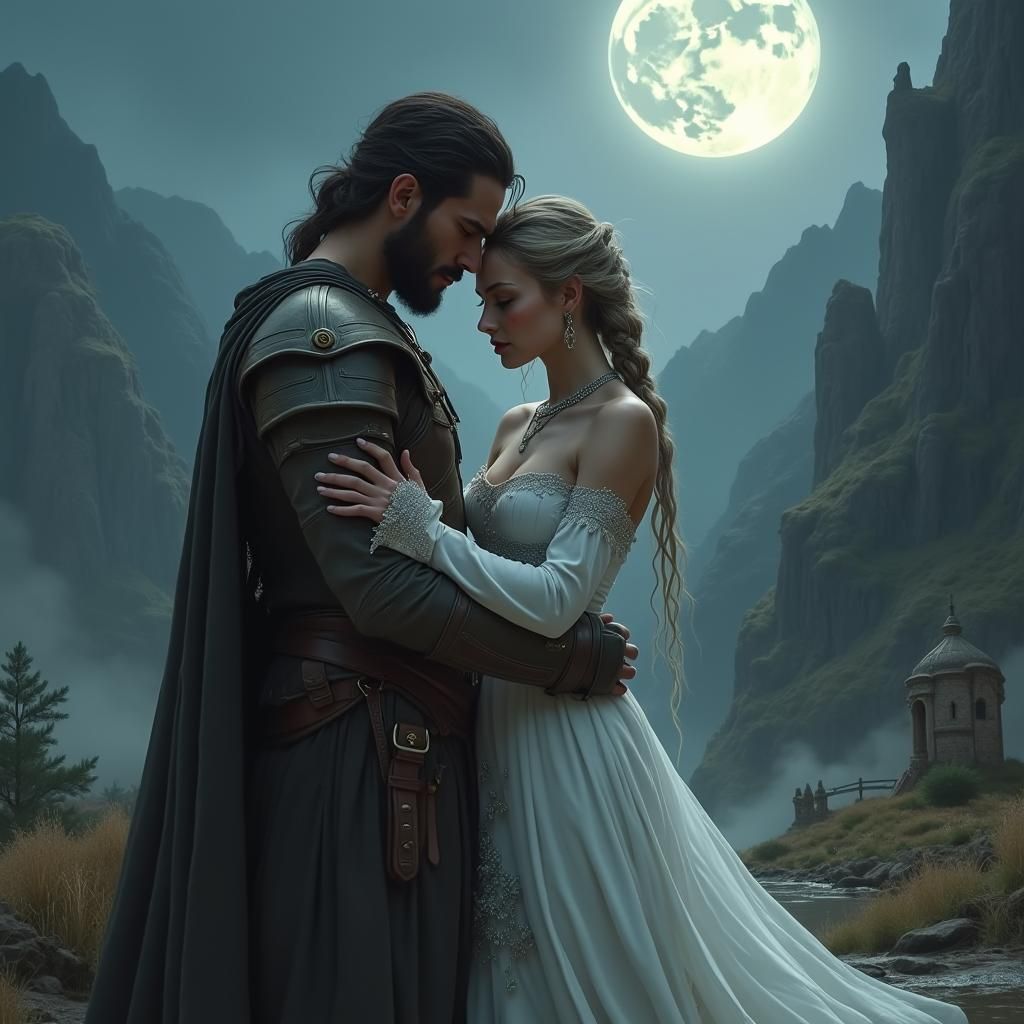 Fantasy Embrace in Moonlit Landscape