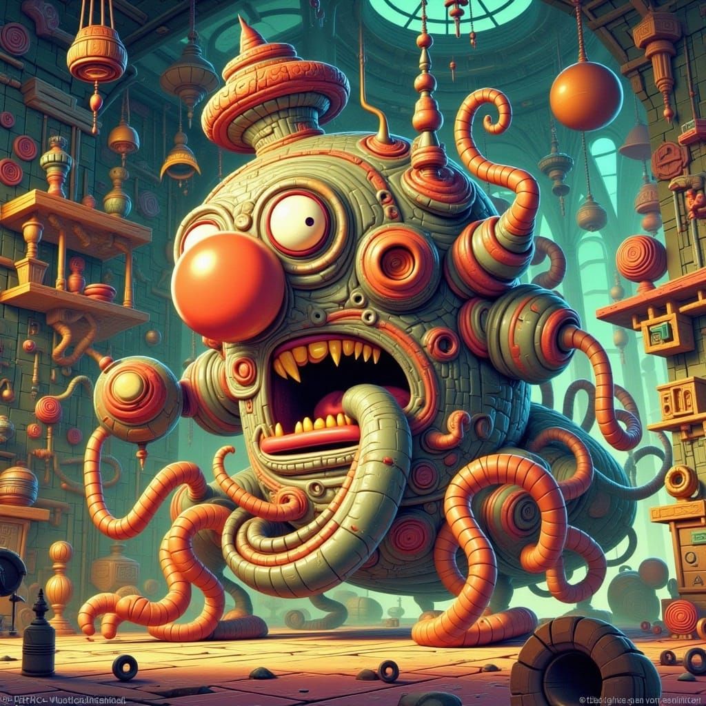 Crazy Scientist in Cartoon Style with Twisted Architecture