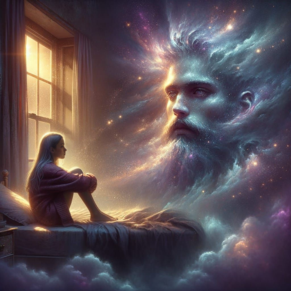 Sad Girl Gazes at Celestial Face in Ethereal Sea Wave Scene