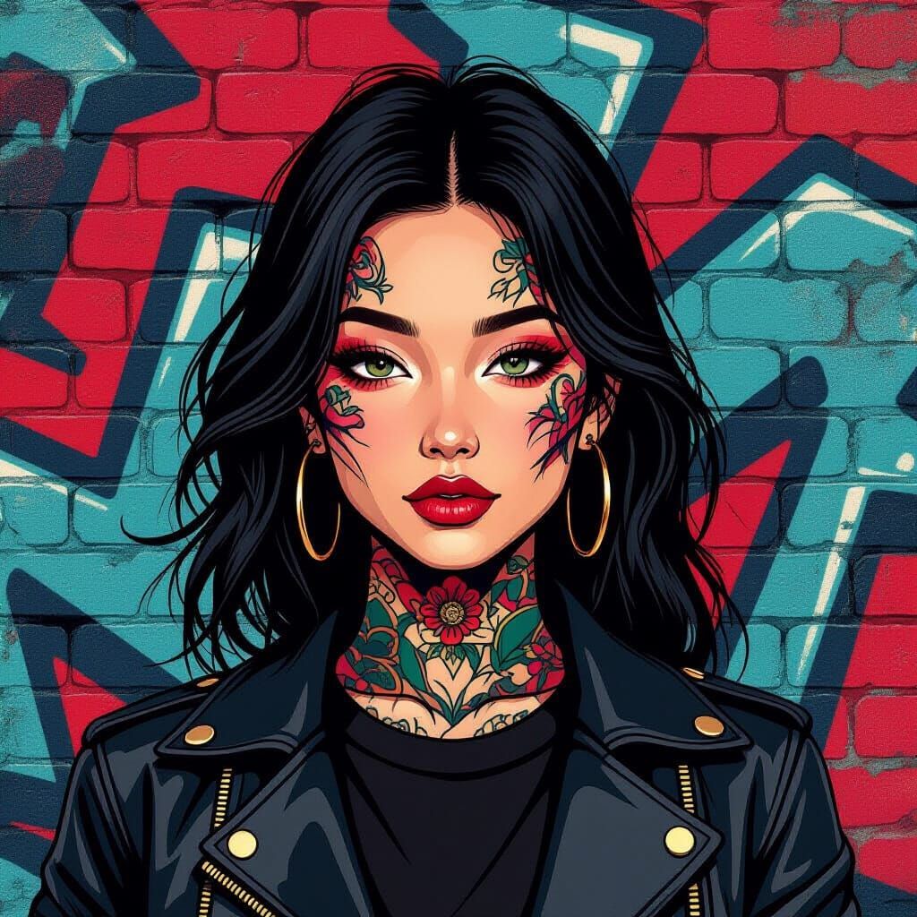 Young Woman With Irezumi Tattoos in Street Art Style