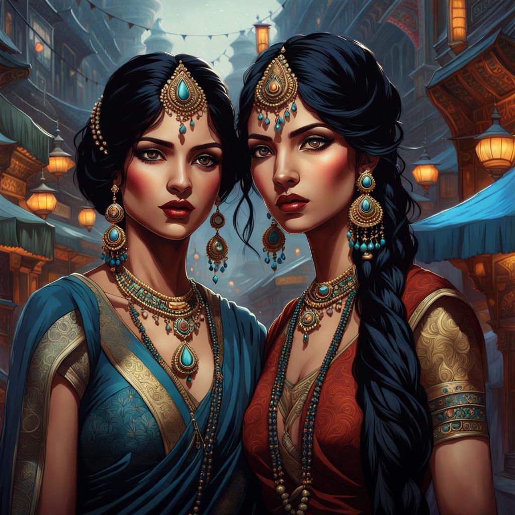 Beautiful Indian Sisters in Gothic Art Nouveau Style