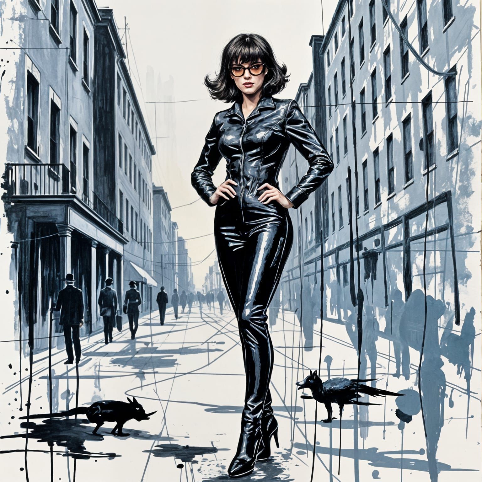 Emma Peel in Mixed Media Line Art on Impasto Oil Paint