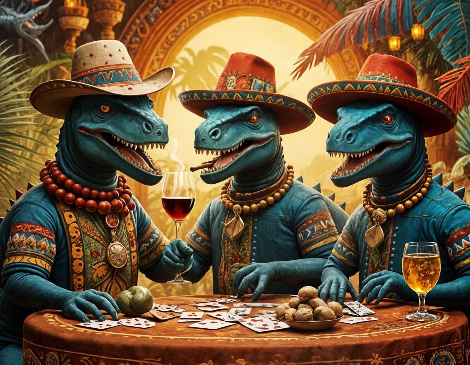 Dinosaurs in Hats Playing Cards and Smoking