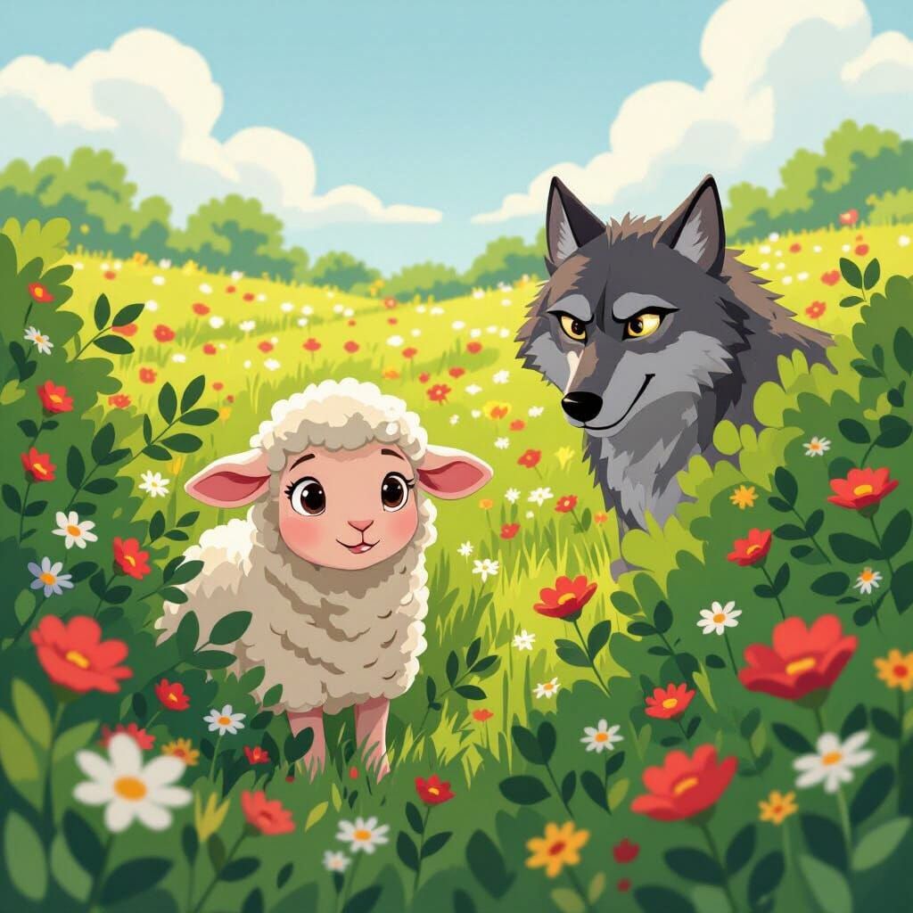 Lamb and Wolf in Disney Animation Style