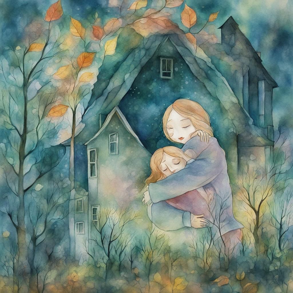 Surreal Embrace: Person Hugging Ethereal House in Dreamscape
