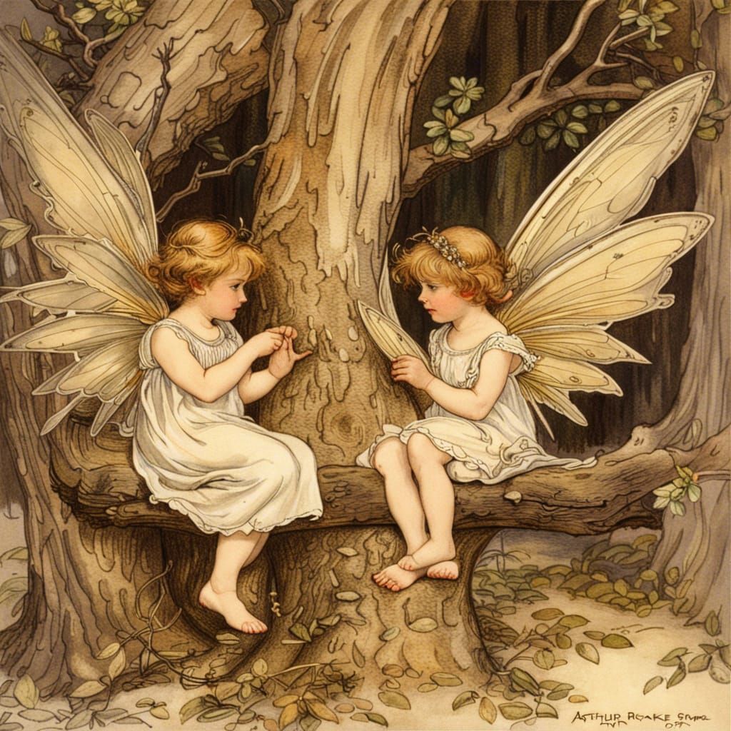 Fairies Carve Love into Tree, Rackham and Crane Style