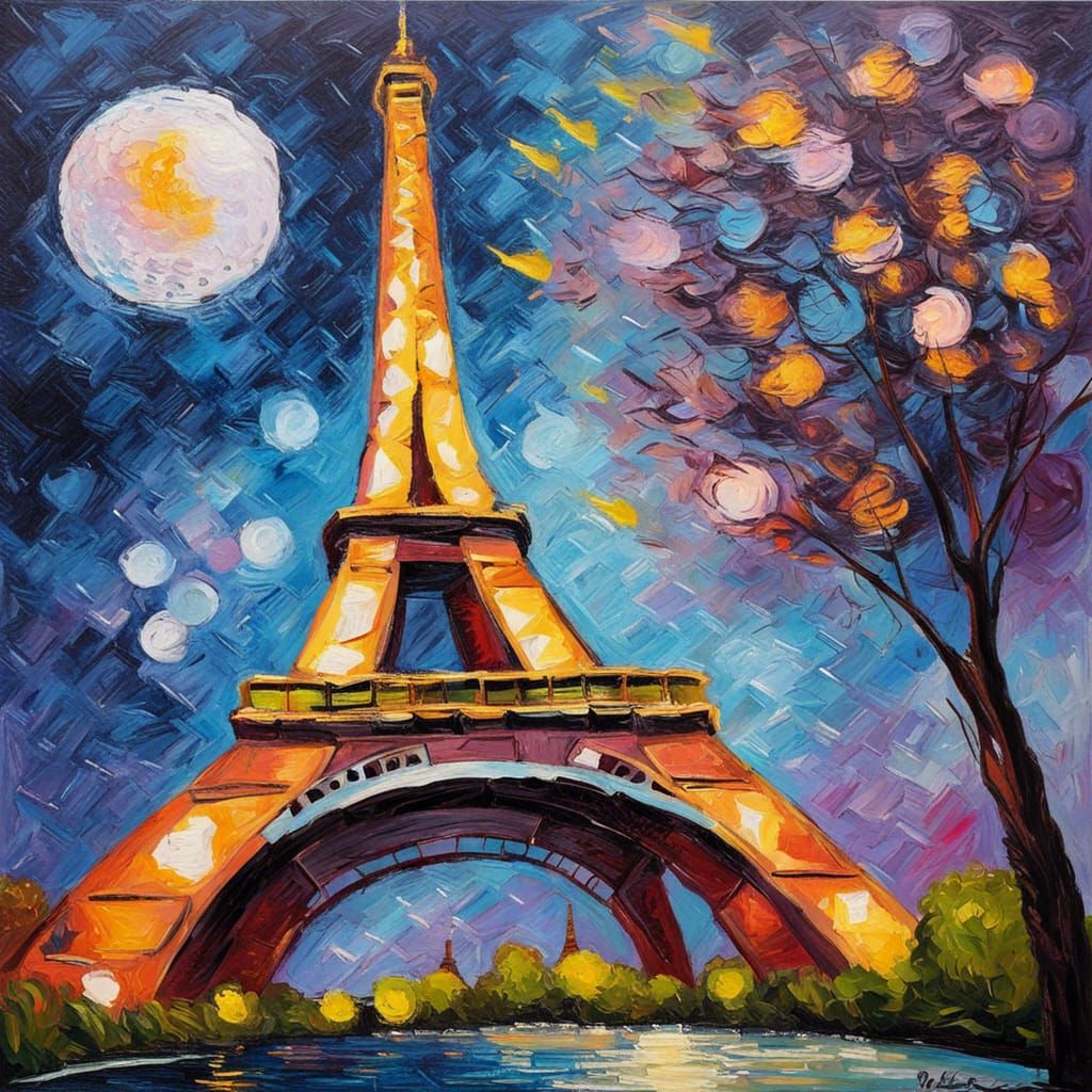 Eiffel Tower at Night in Impressionist Style