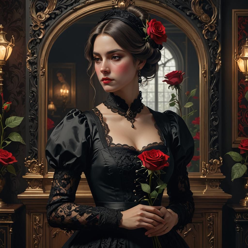 Surreal Chambermaid with Rose, Art Nouveau Portrait