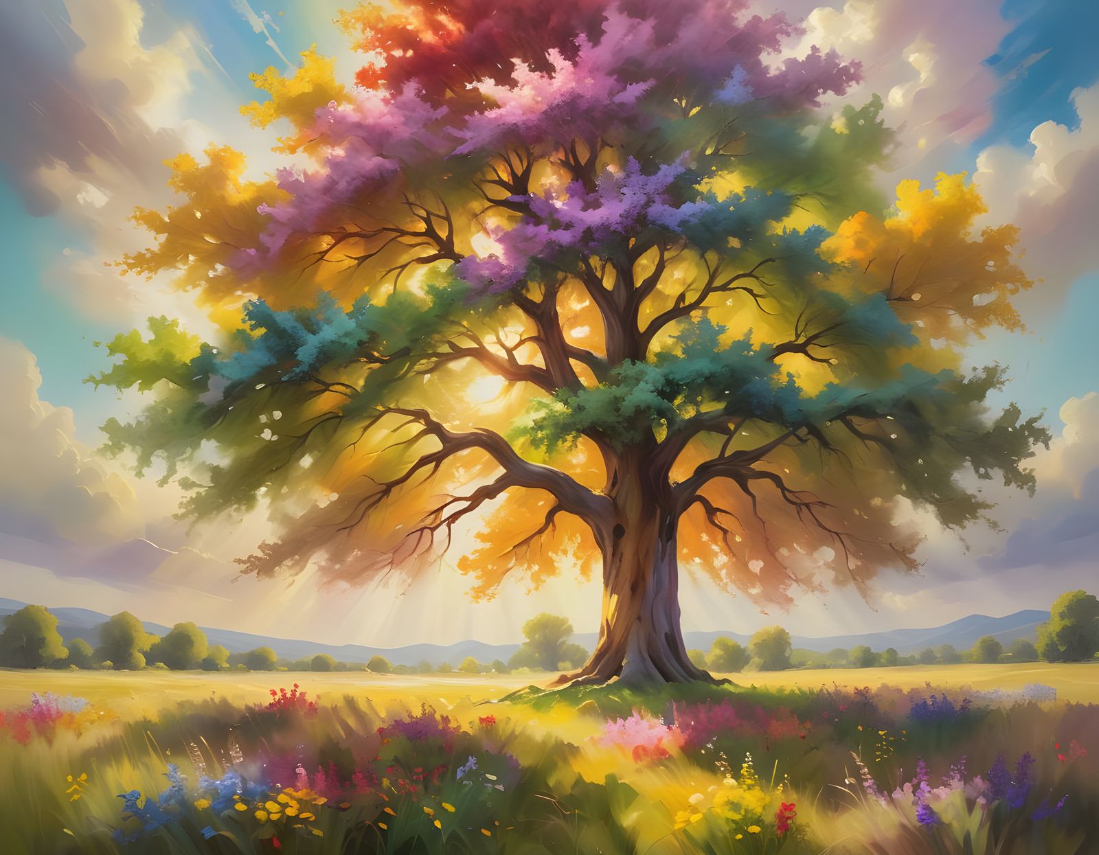Rainbow Tree in Meadow at Sunset
