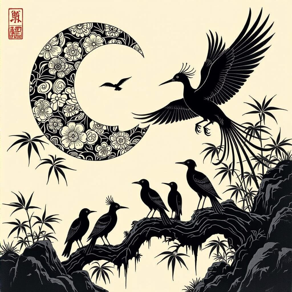 Japanese Ink Bird-Dragons on Parchment