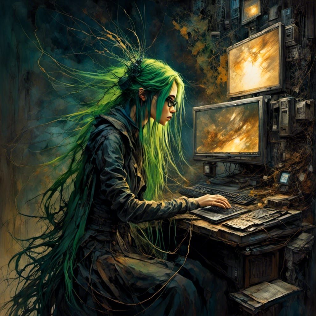 Cyberpunk Woman with Green Hair at Computer