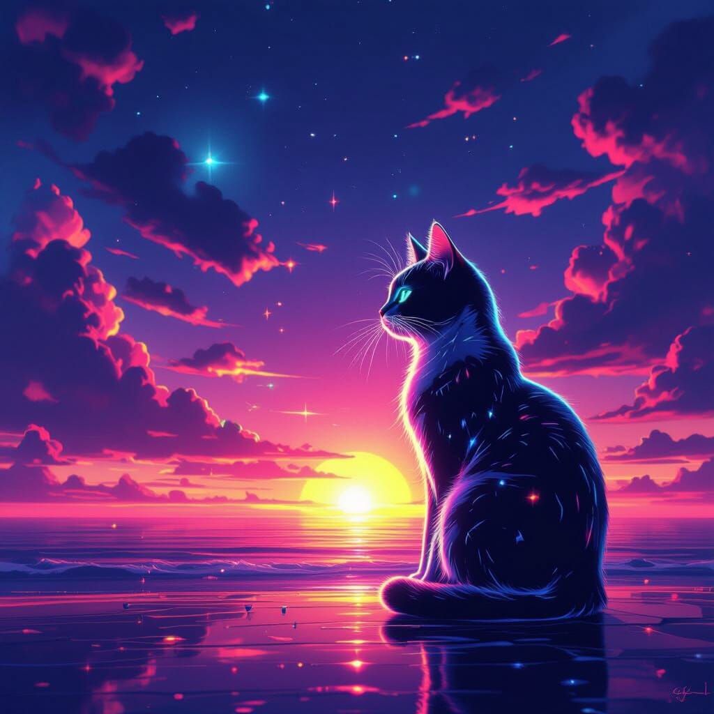 Glowing Cat Watches Synthwave Sunset in Neon Light