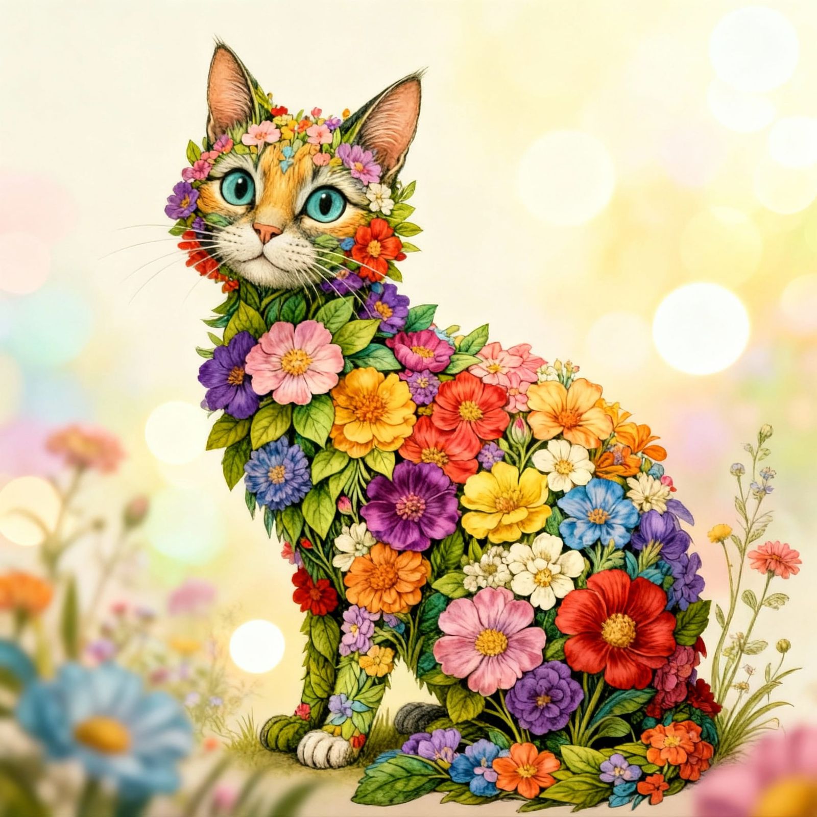 Whimsical Flower Cat in Magical Realism Style