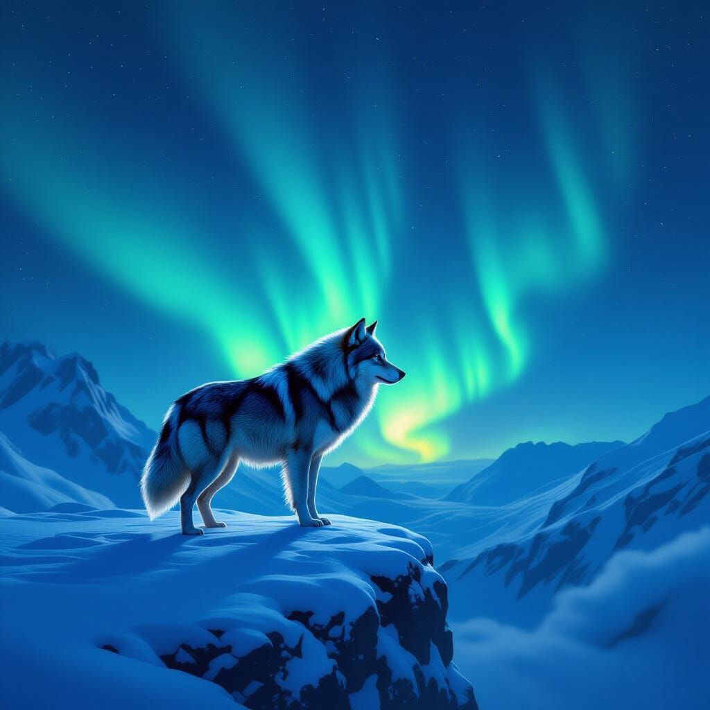 Majestic Wolf Under Aurora Borealis in Digital Matte Style