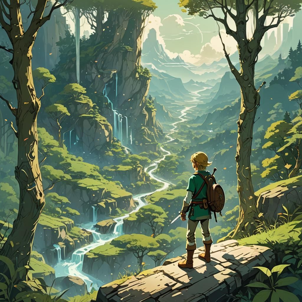 Link in Sprawling Wilderness: Digital Cel-Shaded Painting
