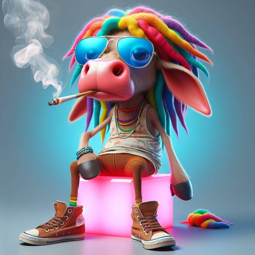 Whimsical Rasta Cow Enjoys Neon Cube in Digital Art
