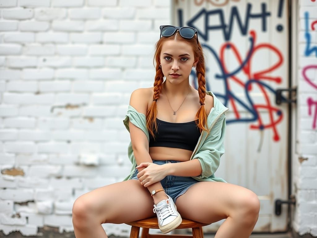 Woman in Sports Bra and Denim Shorts with Auburn Hair