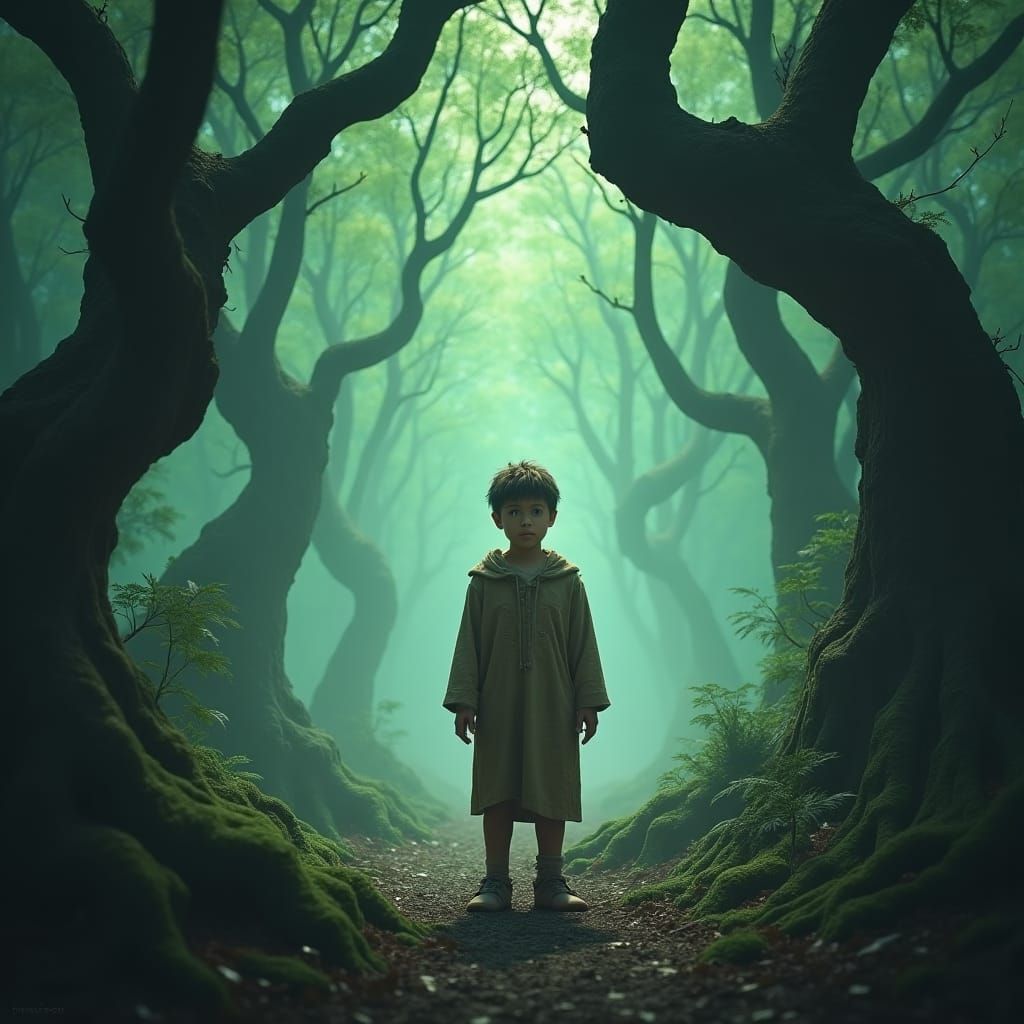 Mystical Forest Encounter: Boy in Emerald Mist