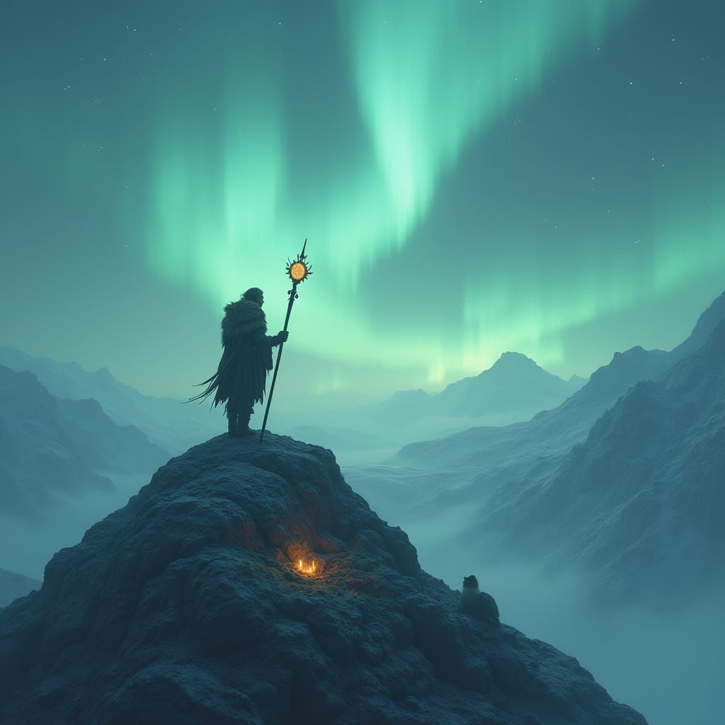 Nordthra Warrior Gazing at Aurora Borealis