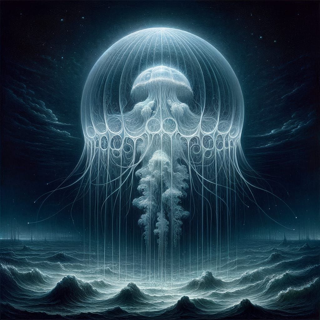 Glowing Jellyfish Creature in Gothic Ocean Abyss