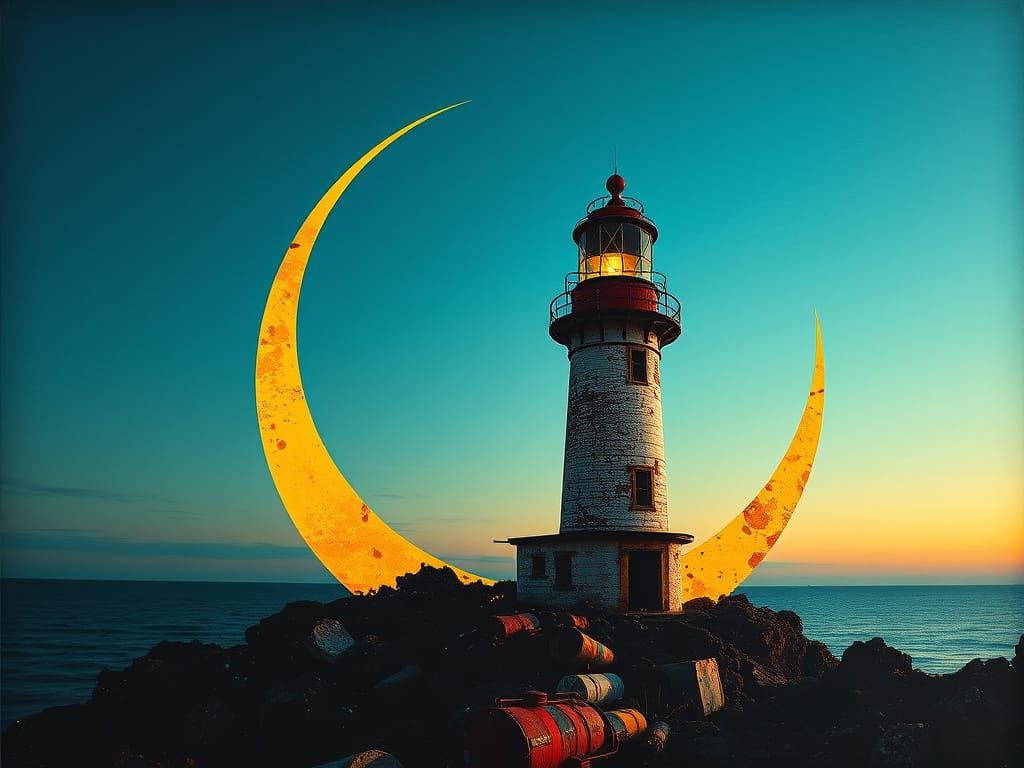 Surreal Steampunk Lighthouse in Yellow-Gold Hues