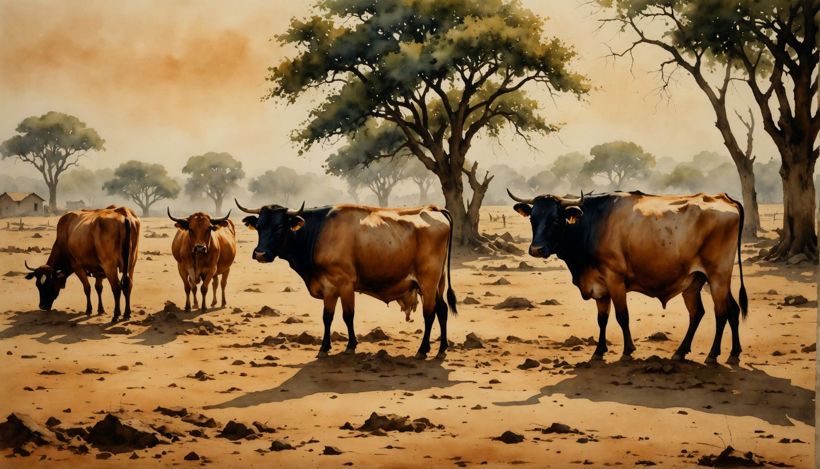 Watercolor Painting of Bullocks in Rural India