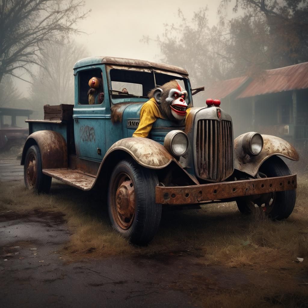 Zombie Monkey Clown in 1920s Truck, Hyperrealistic