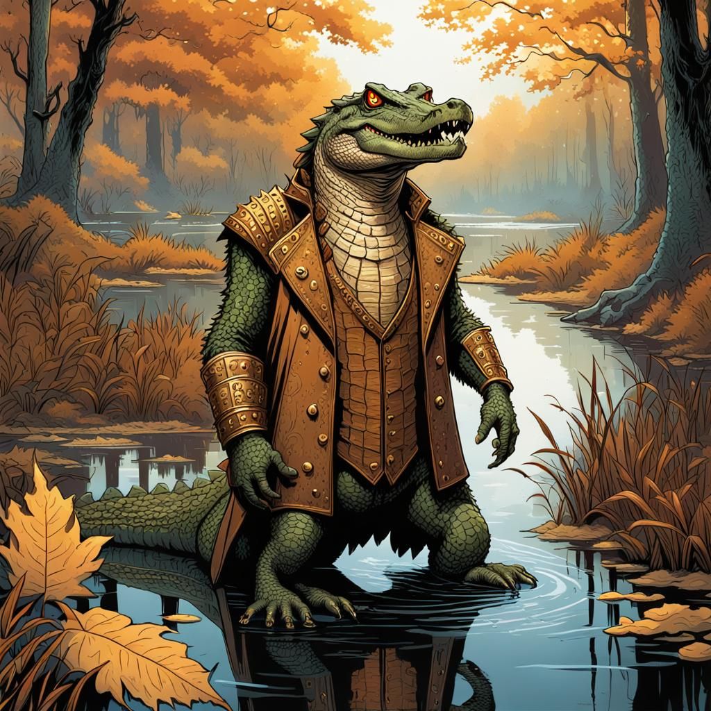 Druid Crocodile in Autumn Swamp: Digital Illustration