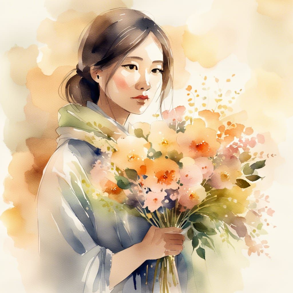 Japanese Girl with Flowers in Watercolor Style