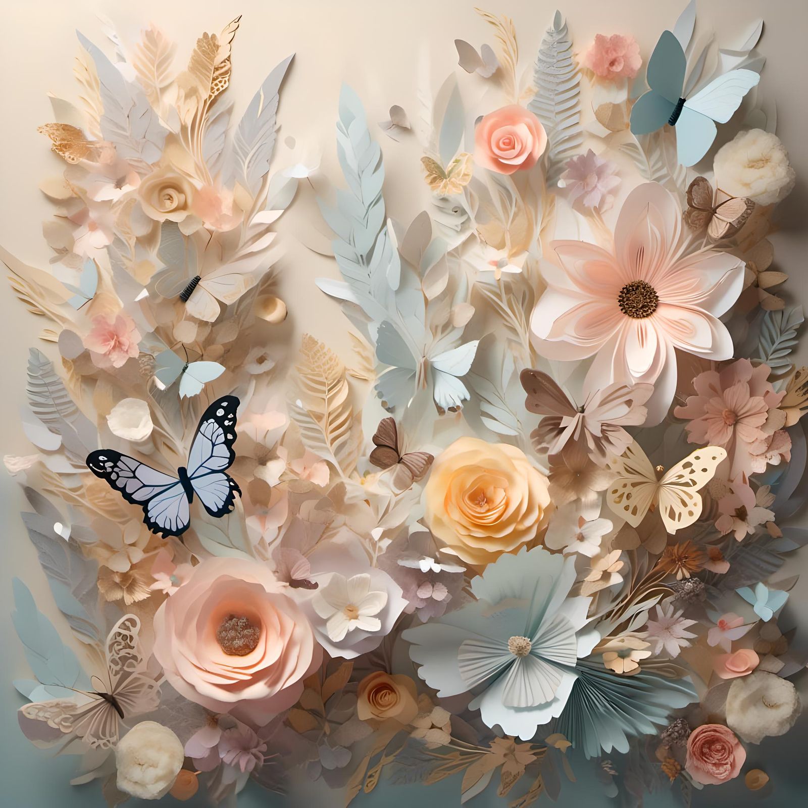 Pastel Paper Flowers and Butterflies in Sunlight