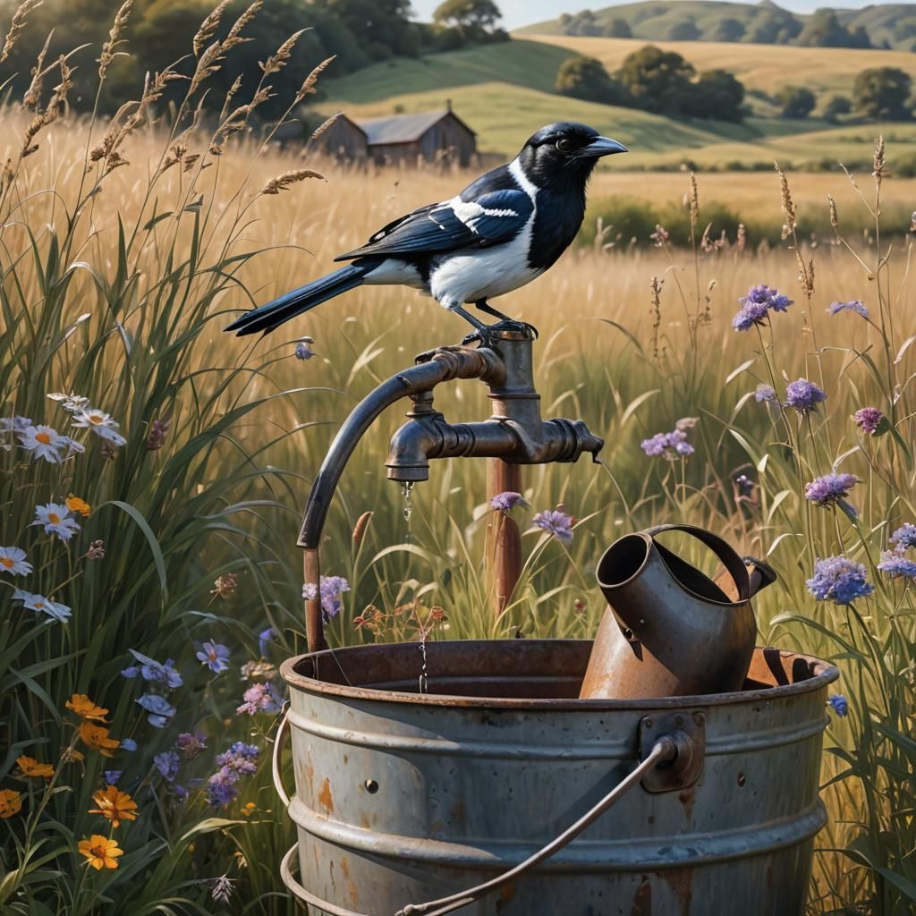 Magpie with Open Beak in Hyperrealistic Airbrush Style