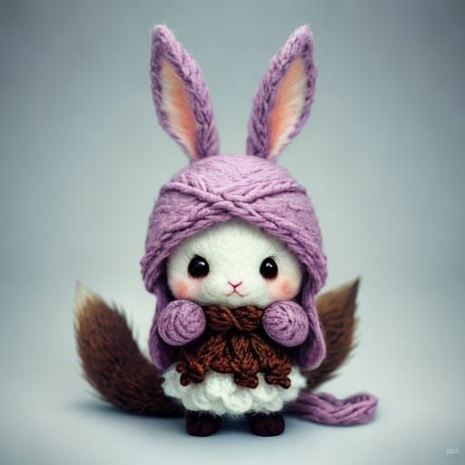 Cute Knitted Bunny with Red Mohawk in Papercraft Style