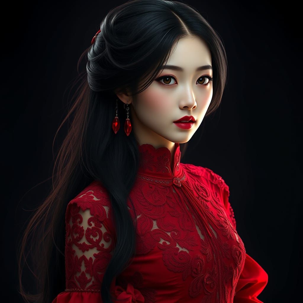 Enigmatic Asian Fantasy Portrait in Dark, Vibrant Colors