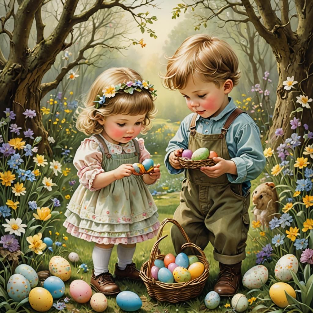 Brother and Sister Easter Egg Hunt: Detailed Illustration