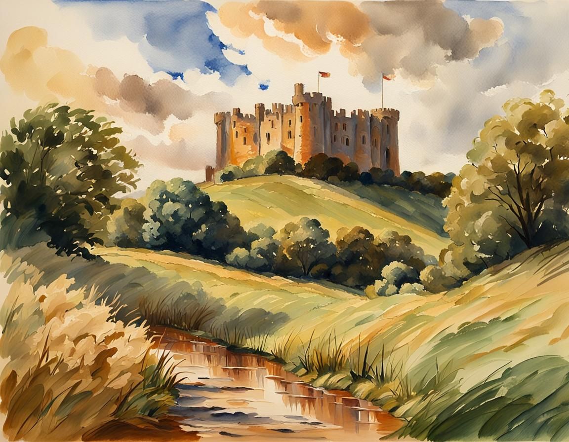 Norman Castle in English Landscape, Impressionist Gouache