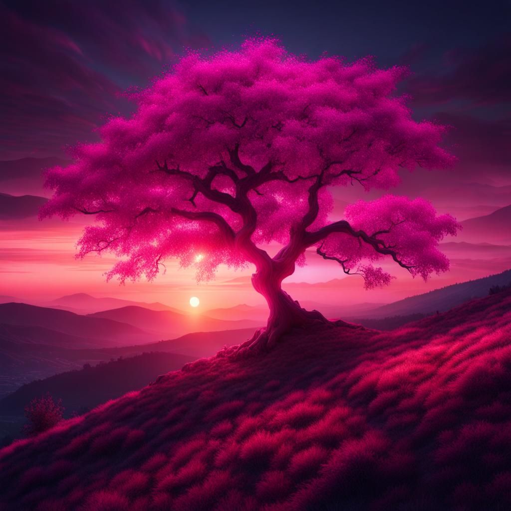 Mystical Sunset: Pink Tree on Hill, Dark Fantasy