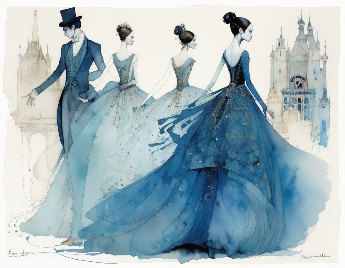 Elegant Ballroom Scene with Dancers in Gowns