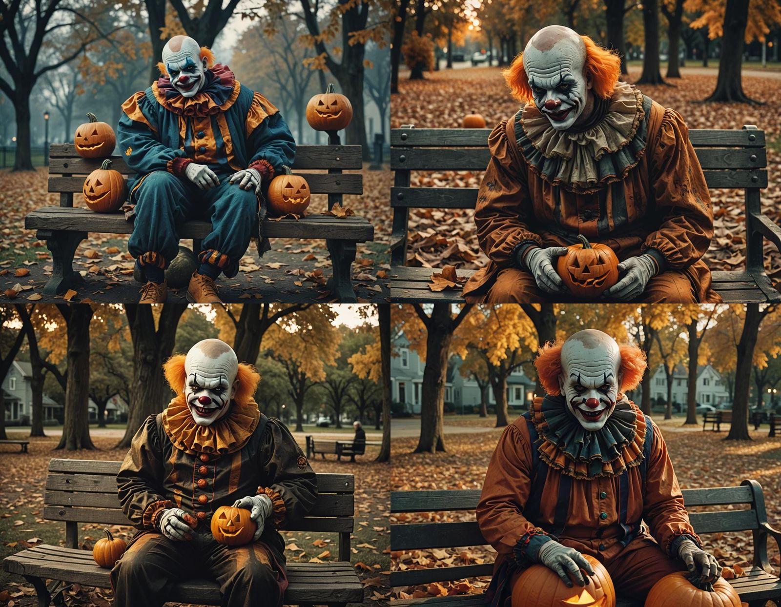 Scary Clown Carving Pumpkin in Cinematic Style