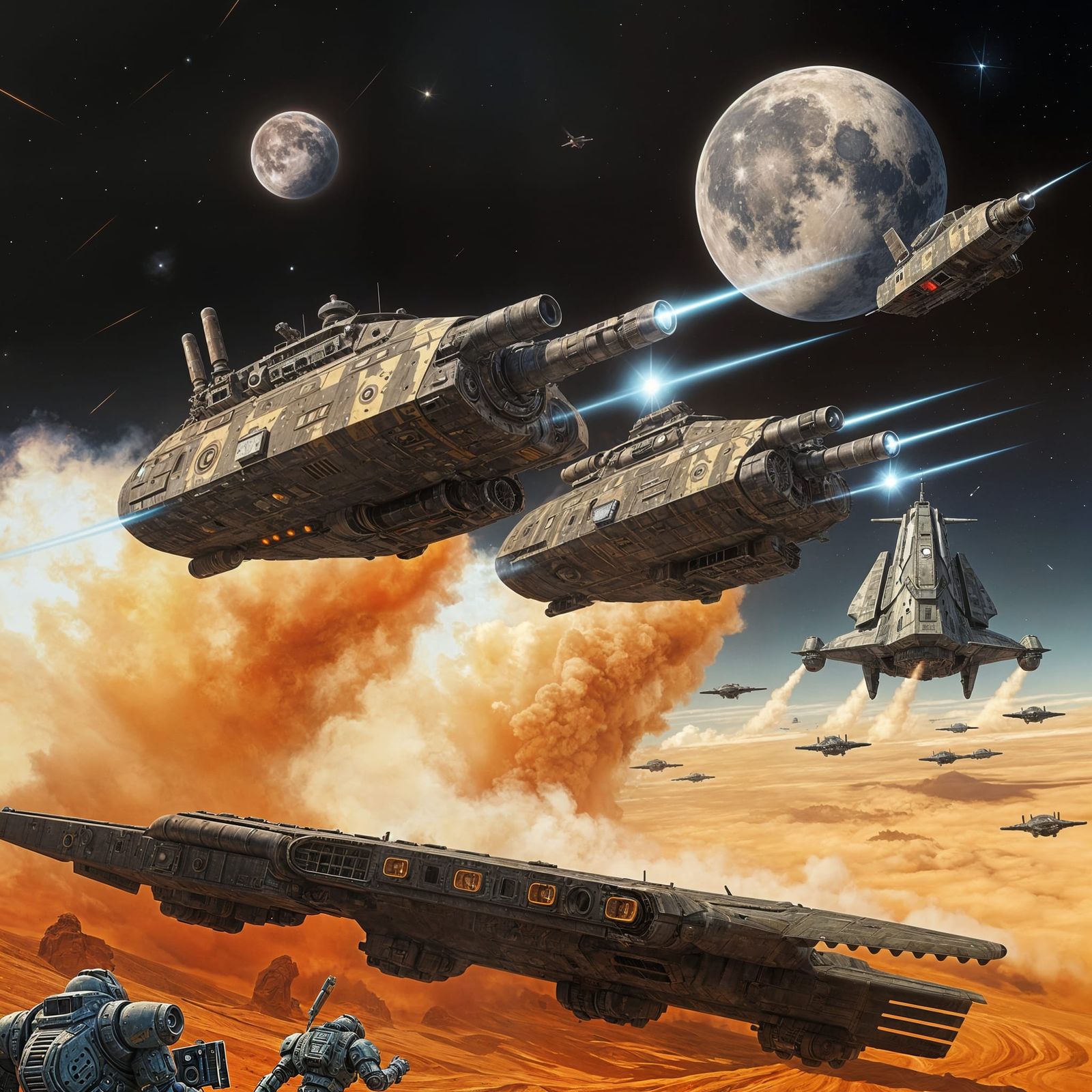 Futuristic Hovercrafts Battle Space Marines on Red Planet