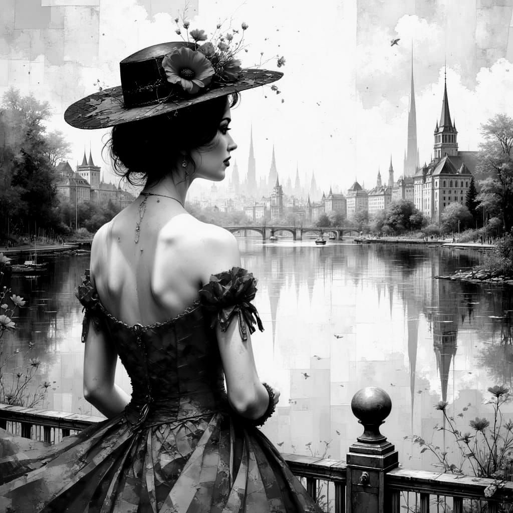 Cityscape Hat Reflected in Lake, Surreal Impasto Painting