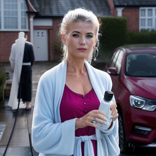 Woman in Dressing Gown Washing Car