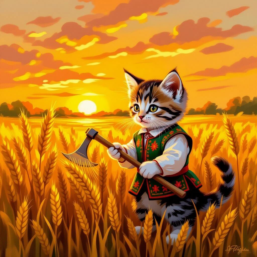 Kitten Gardener Harvesting Wheat Field as Impasto Painting