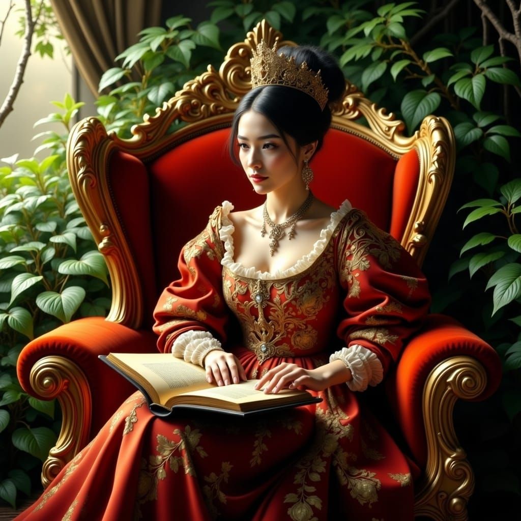 Elegant Woman Reading Tome in Baroque Style