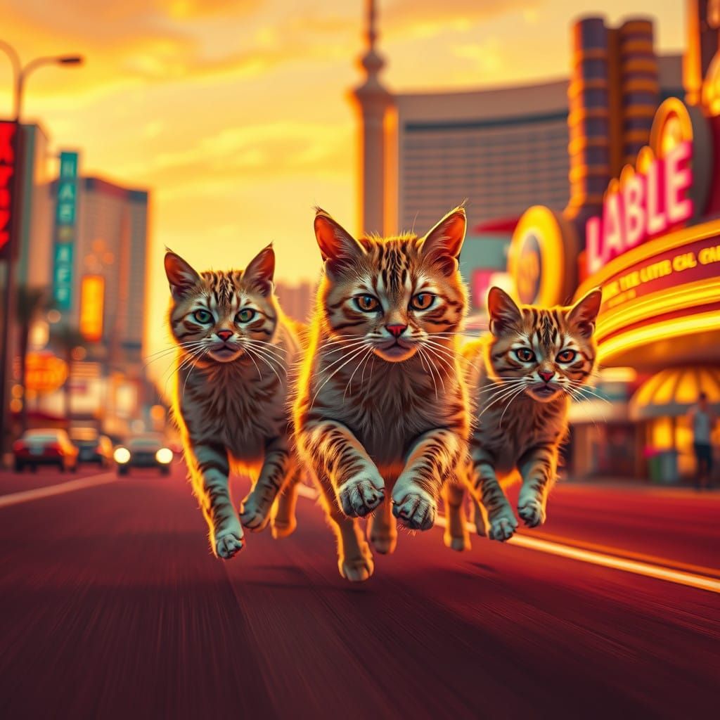 Vibrant Felines Sprint Down Las Vegas Strip at Sunset