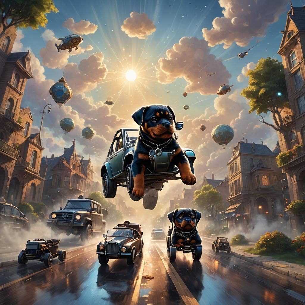 Rottweiler Puppy Drives Car in Ethereal Fantasy Style